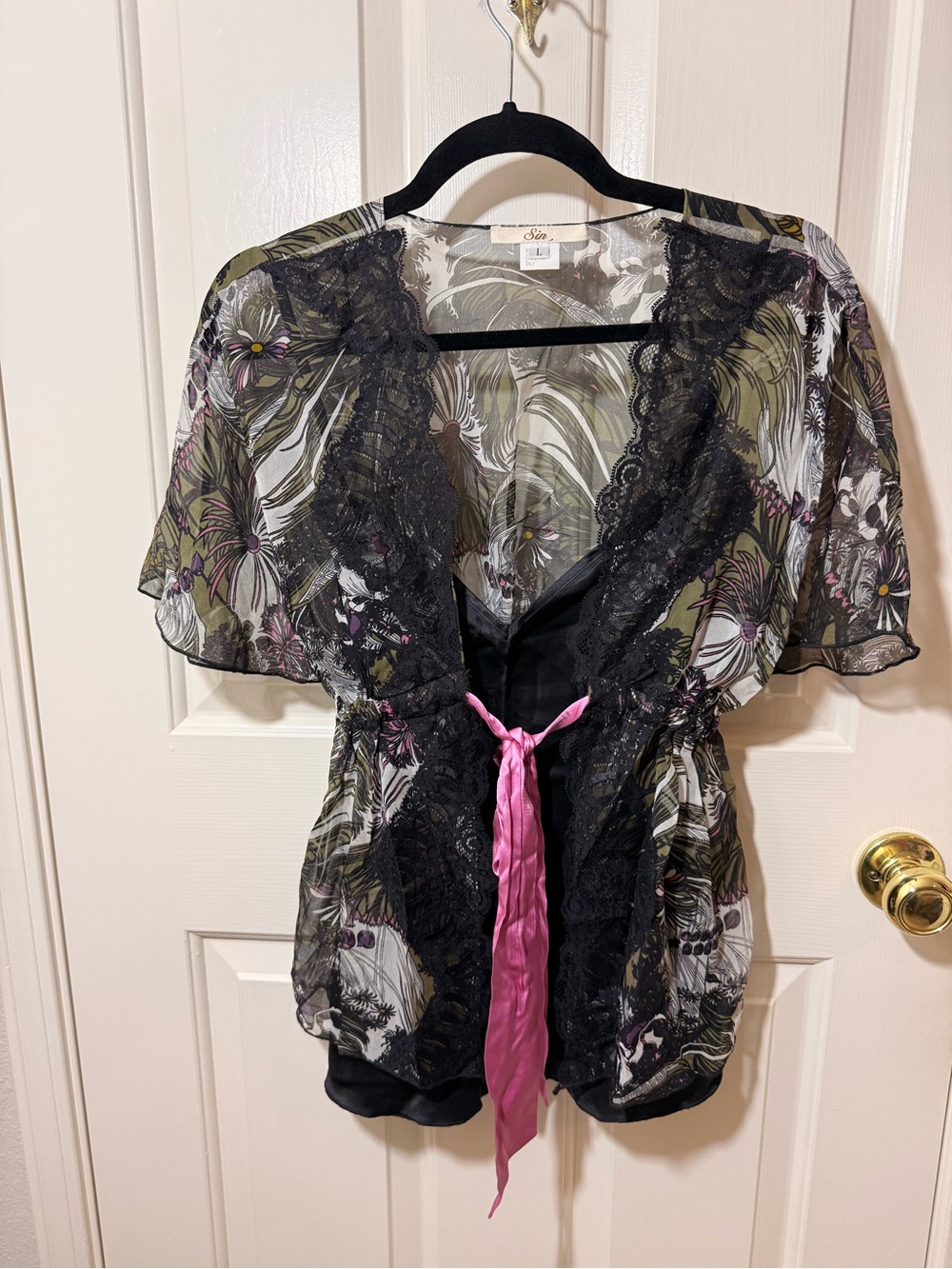 Anthropologie Black Sheer Floral Lace-Trim Camisole with Pink Satin Tie